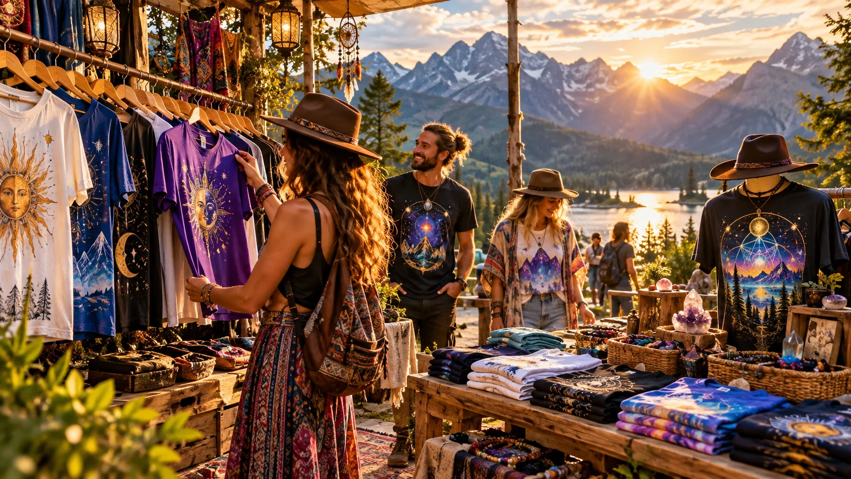 T-Shop clothing worn outdoors in a vibrant cinematic mountain landscape
